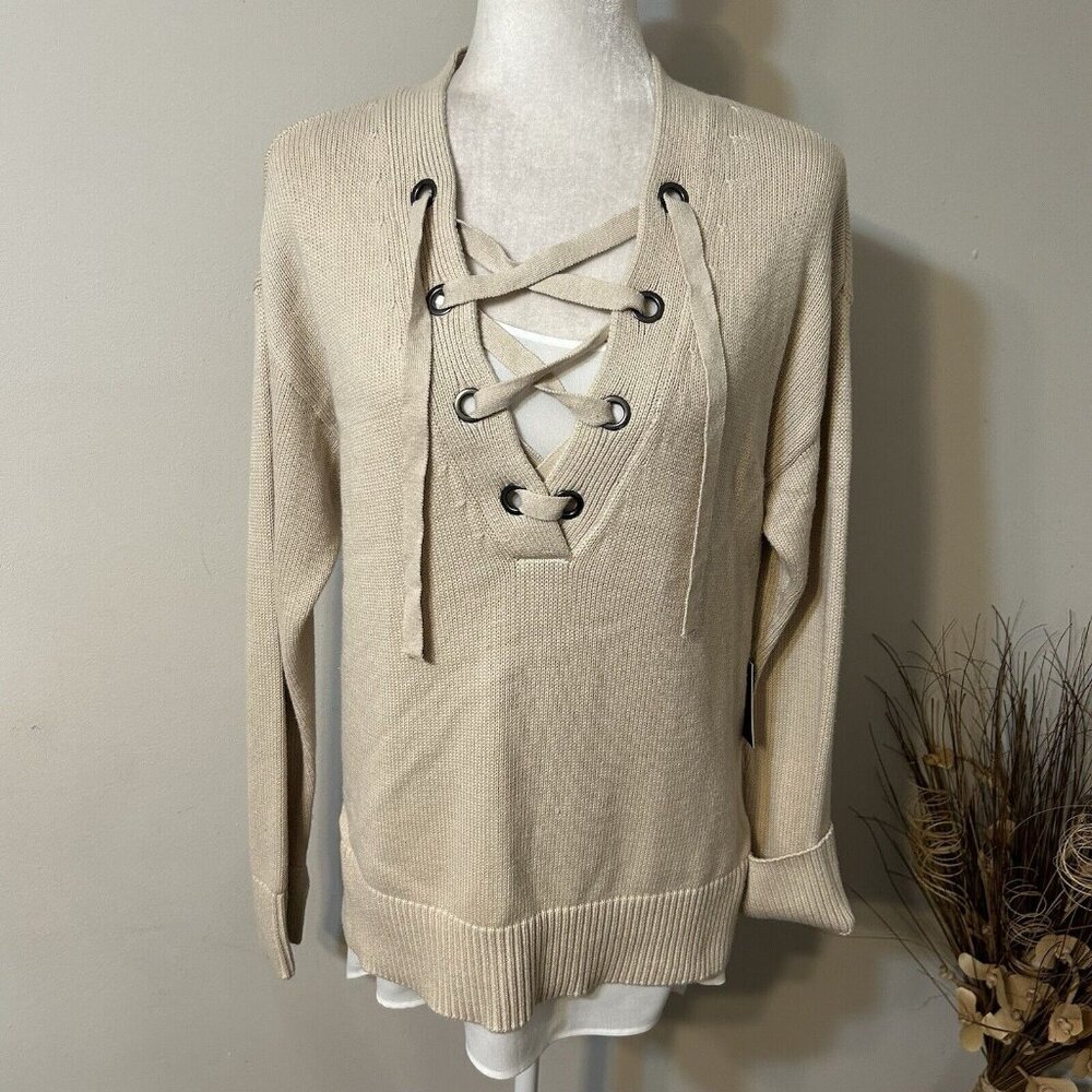 NWT Simply Vera Vera Wang Faux Layered Lagenlook Lace Up Sweater Leigh Beige S